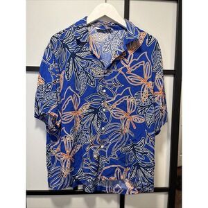 Zara Shirt Mens XL Floral Blue Short Sleeve Button Up Hawaiian Nice One!